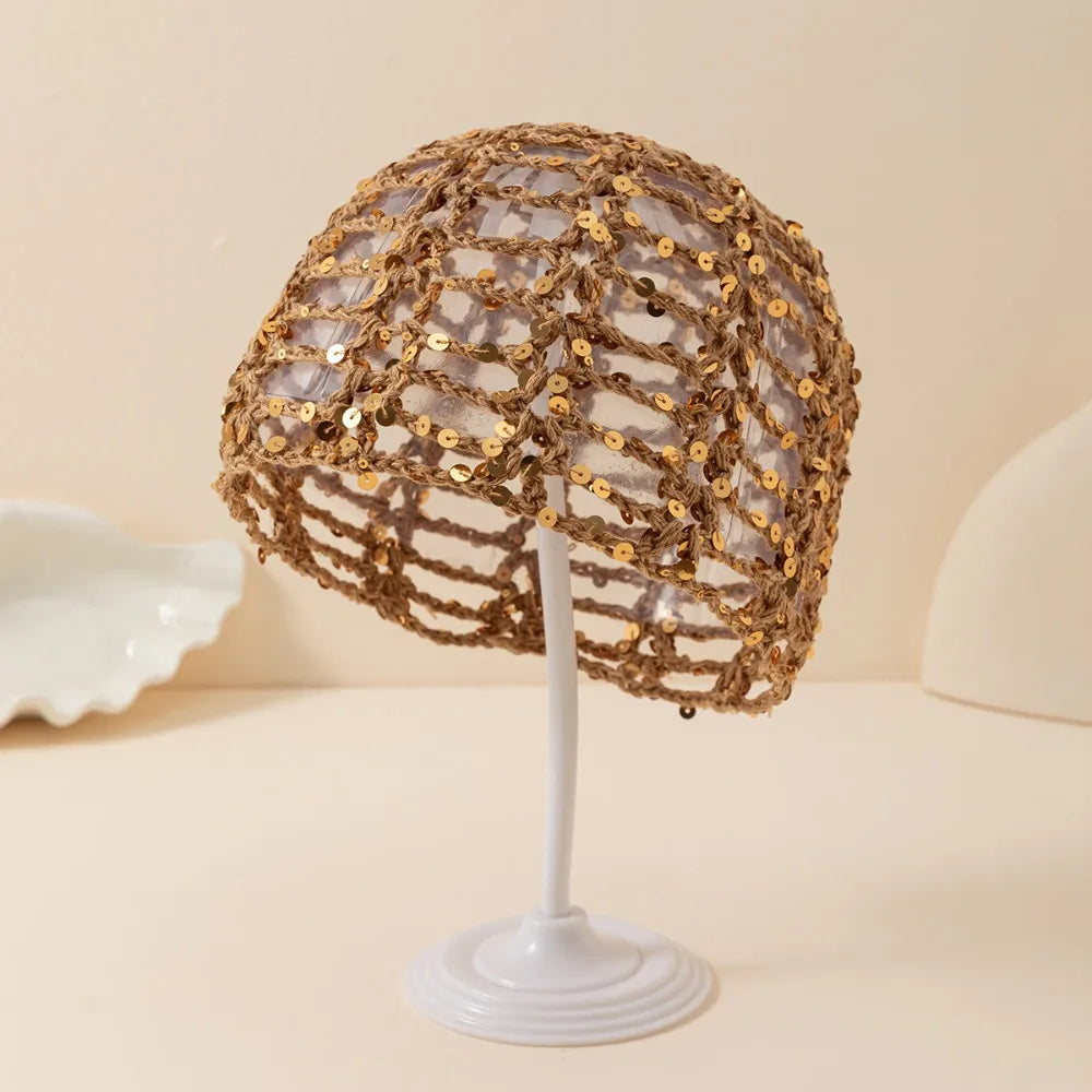 Bohemian Crochet Sequin Knit Beanie Hat | Spring Summer Crochet Knit Beanie Peaceful Pleasures Health and Wellness Khaki