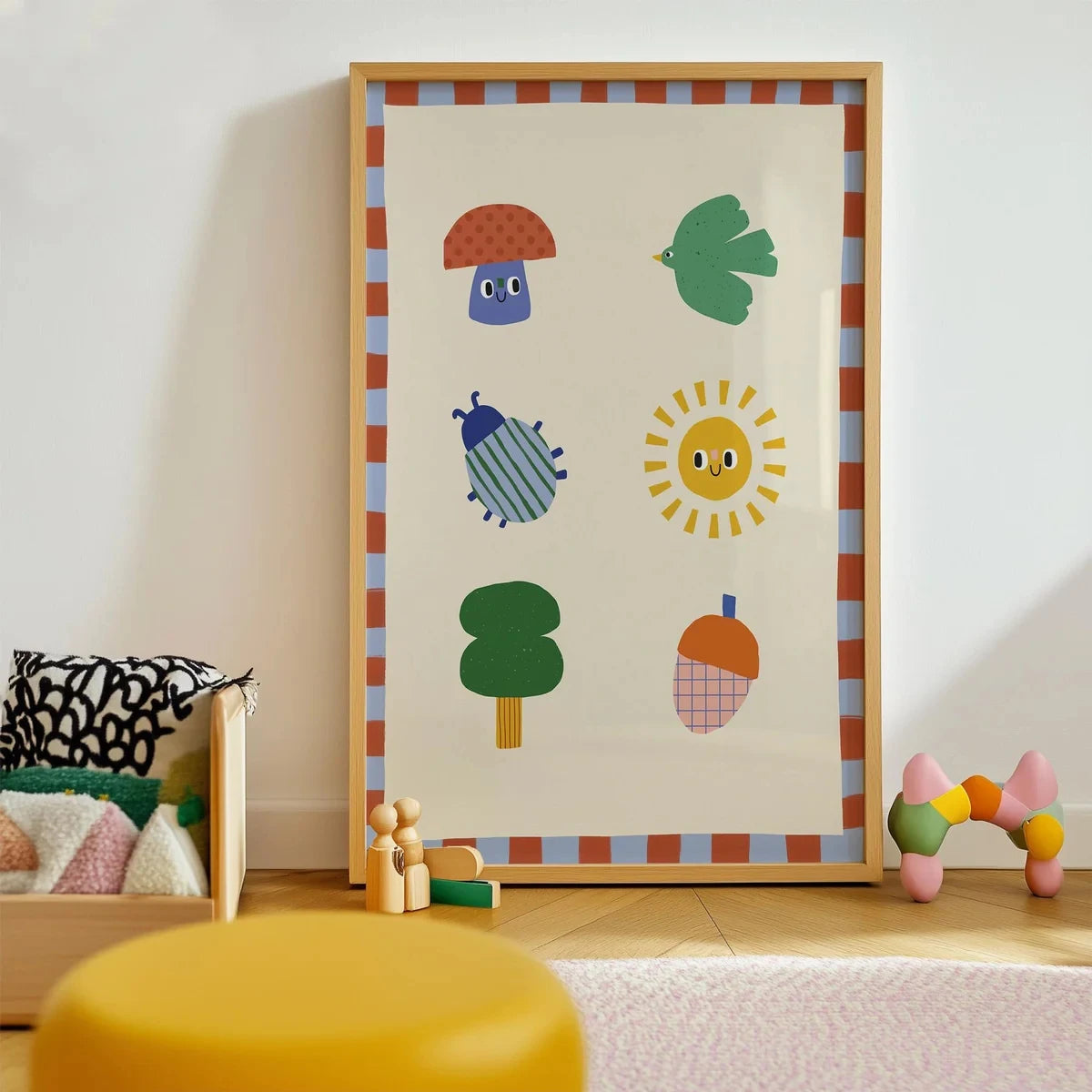 Minimalist Cartoon Insects & Plants Canvas Wall Art Print