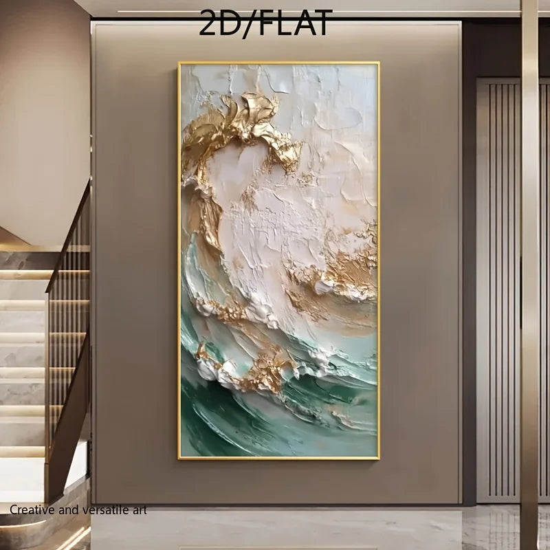 2D Flat Abstract Painting Prints Golden Waves Canvas Elegant Artwork Large Textured Wall Decor | Frameless Art for Living Room Peaceful Pleasures Health and Wellness