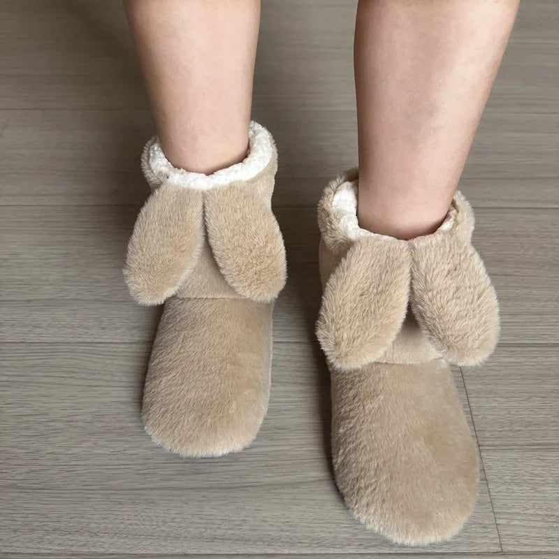 Women's Rabbit Ear Fuzzy Plush Slipper Boots | Warm Indoor Shoes
