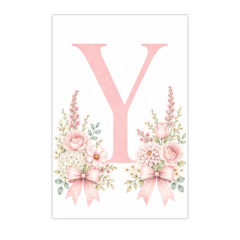Floral Alphabet Wall Art Custom Letter Canvas Painting Pink Flower Poster Print Nursery Wall Decor Peaceful Pleasures Health and Wellness