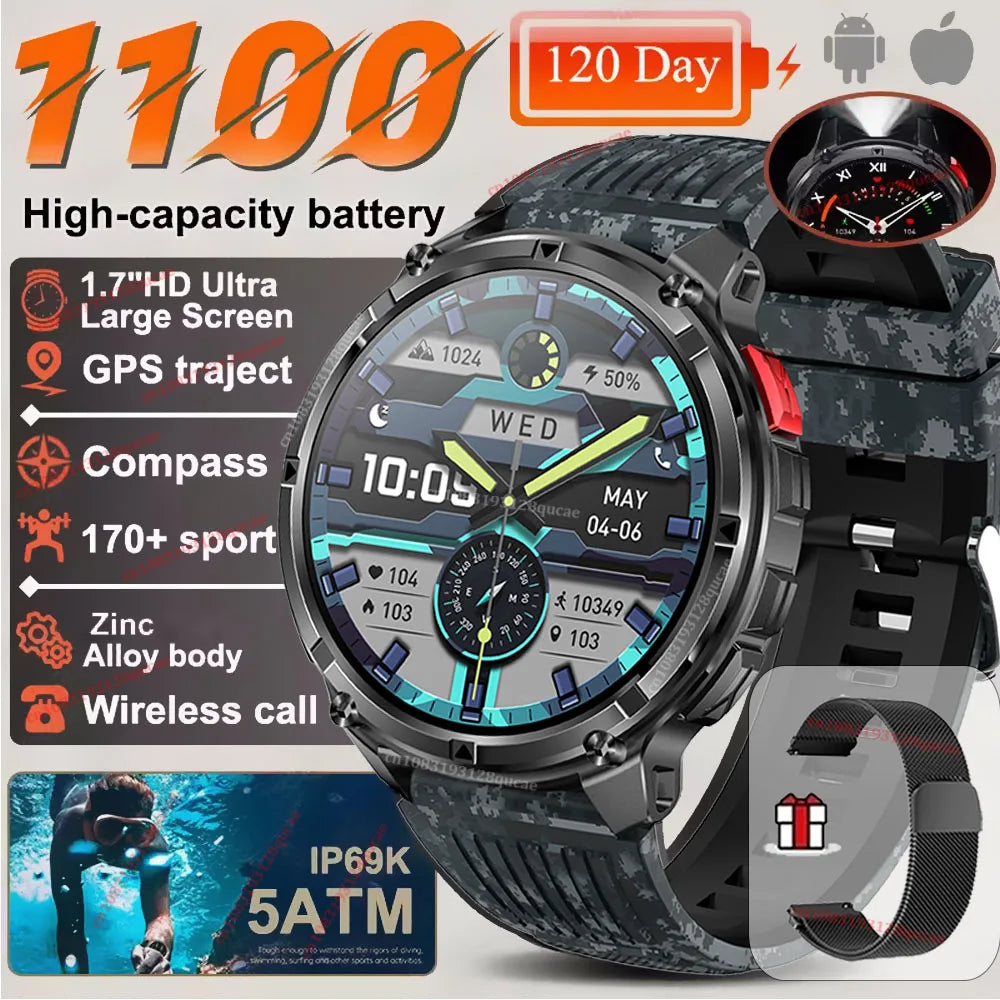 2026 New 1100mAh 1.7 Inch Smart Watch GPS path 5ATM Waterproof Sports Run Hiking Outdoors Compass Flashlight Military Smartwatch Peaceful Pleasures Health and Wellness Camo Black Milan 1100 Mah