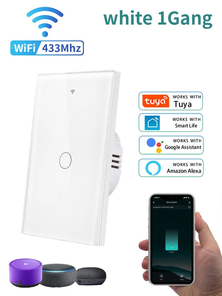 Tuya WiFi Smart Switch US Standard Touch Switch 433Mhz Wireless Remote Voice Control Alexa Google Home No Neutral Wire Required Peaceful Pleasures Health and Wellness white 1 gang