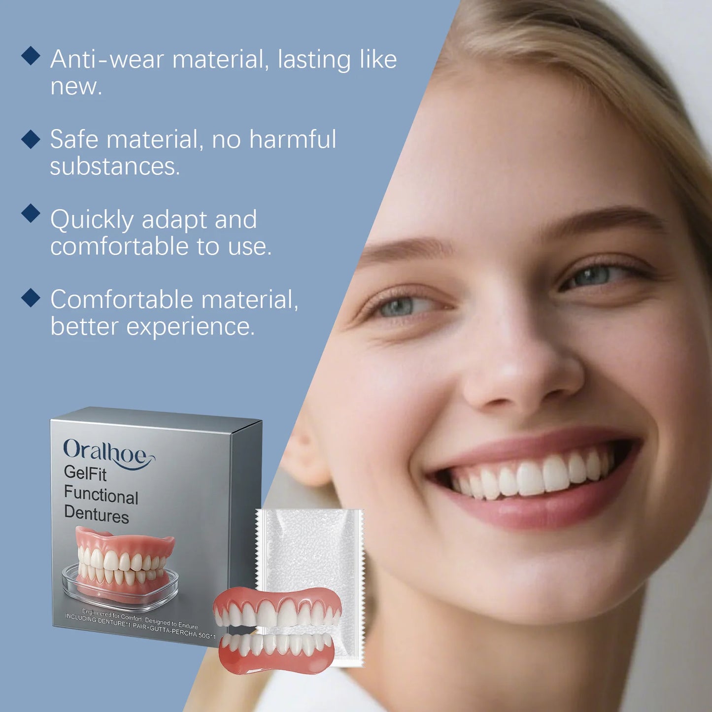 ORALHOE Gel-Fit Resin Denture Set | Cover Tooth Loss & Smile