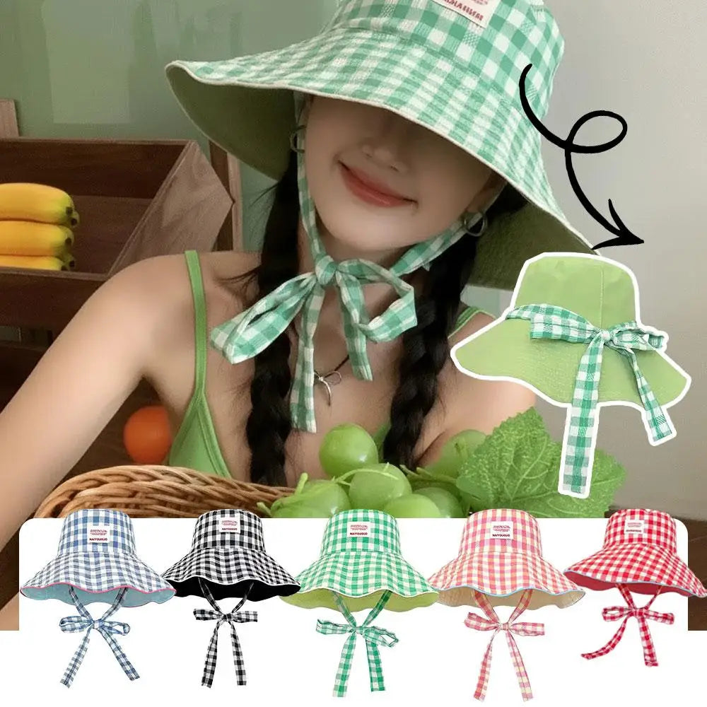 Women Summer UV Protection Wide Brim Sun Hats With Chin Strap Cute Pastel Plaid Beach Hat For Outdoor Travel & Daily Wear Peaceful Pleasures Health and Wellness