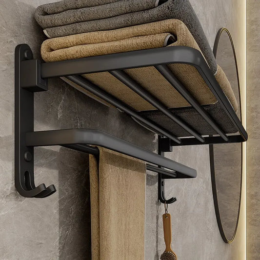 Matte Black Folding Towel Rack 50CM Double Bar Wall Mount + Hook Wall Towel Rack Peaceful Pleasures Health and Wellness