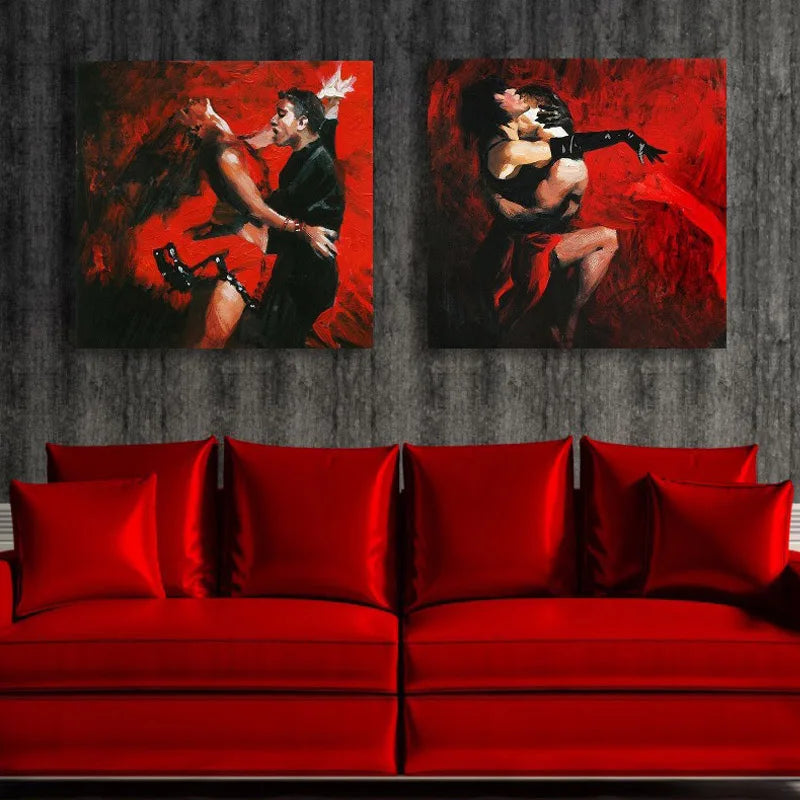 Hand-Painted Dancing Couples Oil Painting | Black & Red Canvas Art