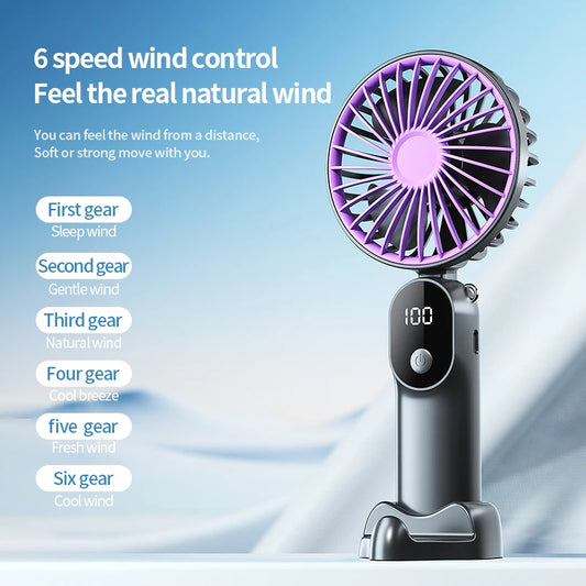 HOMEFISH Multi-purpose Mini Handheld Fan with Digital Display Foldable 6 Speed Large Wind Power Usb Charging Portable Small Fan Peaceful Pleasures Health and Wellness