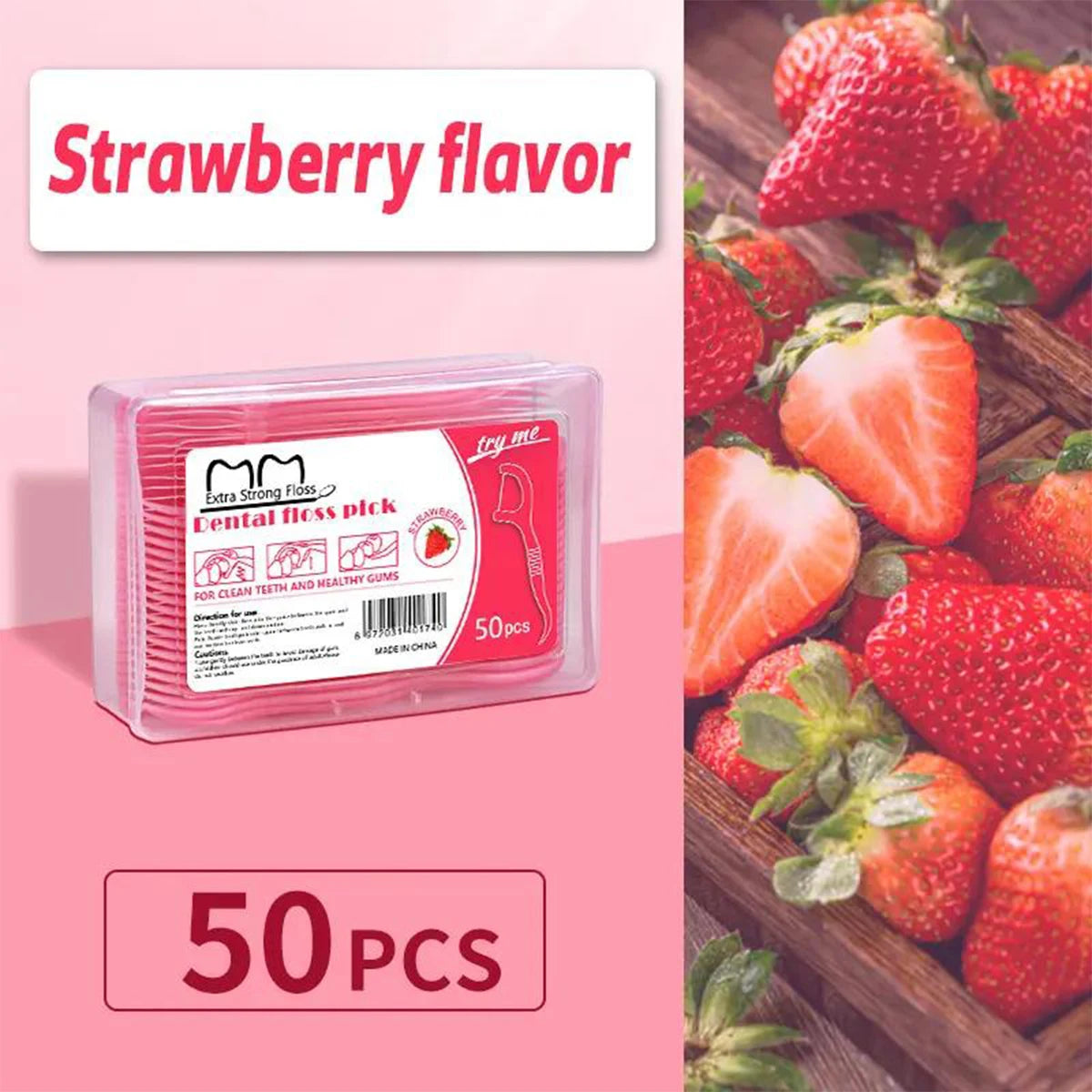 50pcs Floss Fruit Flavor Box Floss Dazzling Colorful Ultra Fine Floss Stick Tick Oral Cleaning Portable Floss Peaceful Pleasures Health and Wellness Strawberry