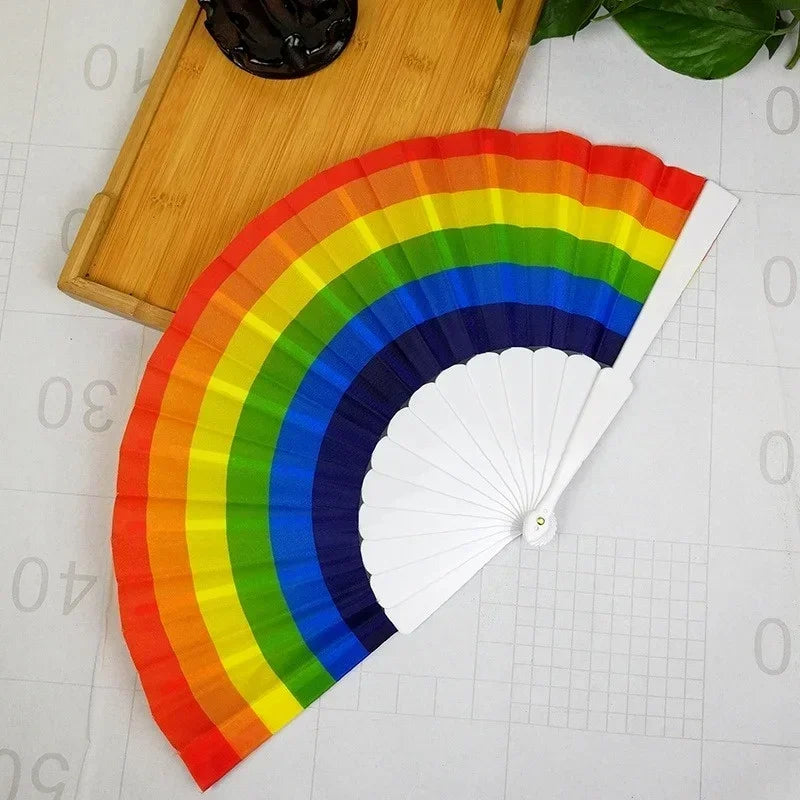 Plastic Hand Crank Fan Foldable Oriental Rainbow Silk Fabric Pocket