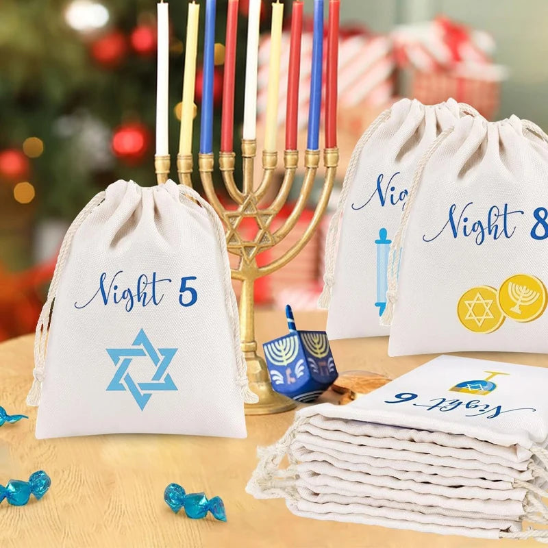 8-Night Hanukkah Countdown Advent Calendar Drawstring Gift Bags Holiday Gift Bags Peaceful Pleasures Health and Wellness