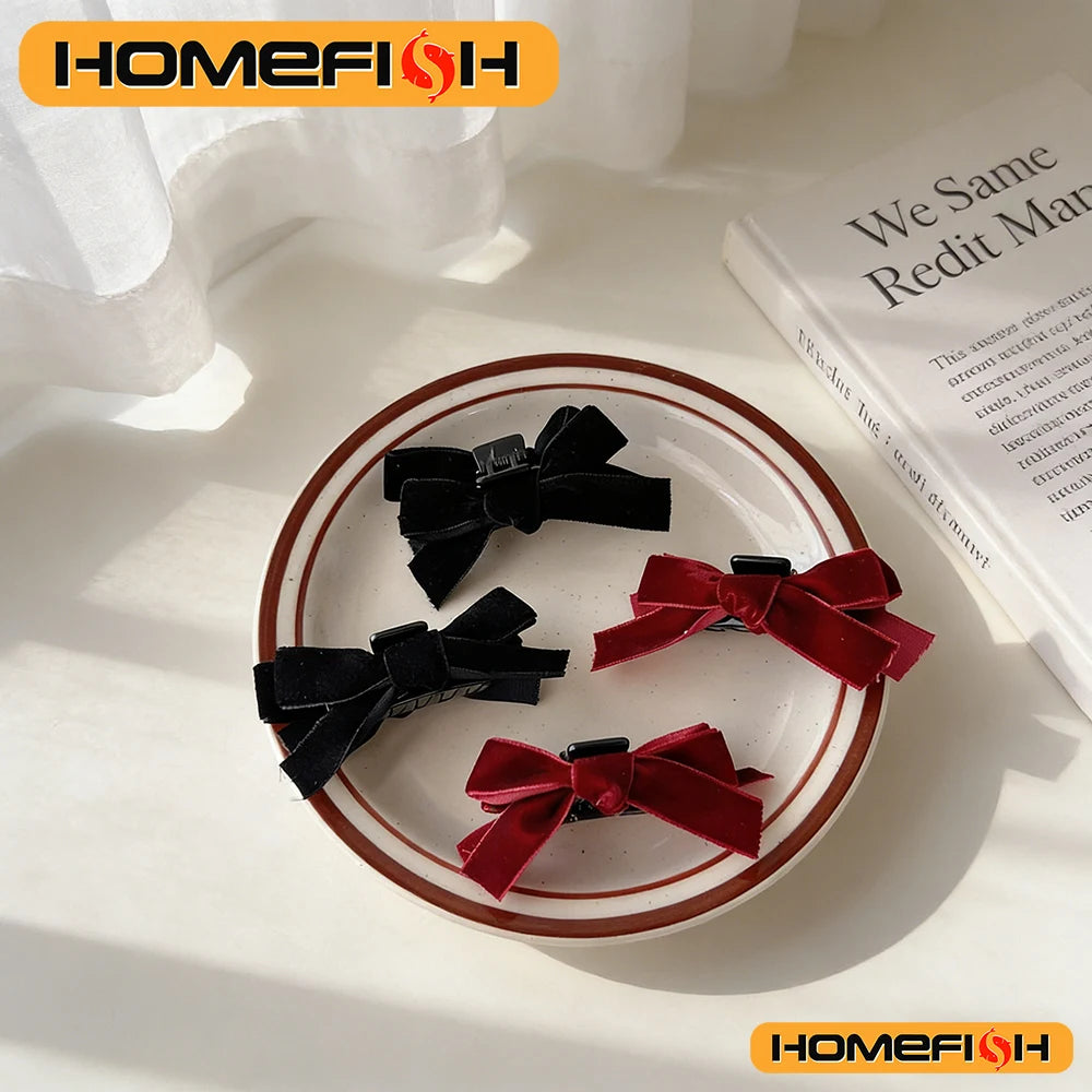 2pcs Black Bow Small Grab Clip Women's Autumn And Winter Vintage Velvet Bangle Clip Hair Clip Style Princess Hair Clip Headwear Peaceful Pleasures Health and Wellness