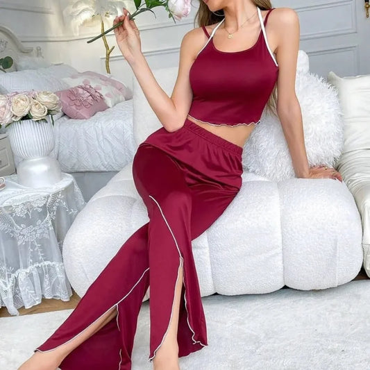 New summer women's pajama set with camisole and slit flared pants, fashionable European and American style thin pajama set Peaceful Pleasures Health and Wellness