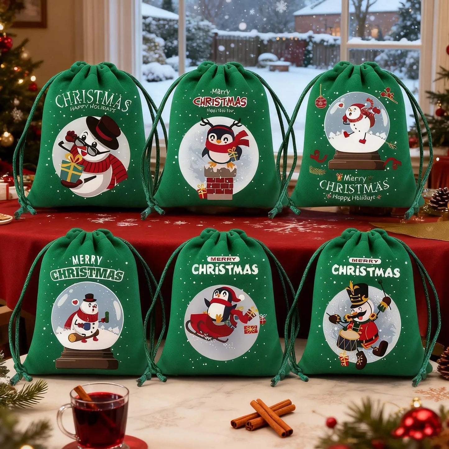 Christmas Drawstring Gift Bags – 6-Piece Reusable Flannel Pouches
