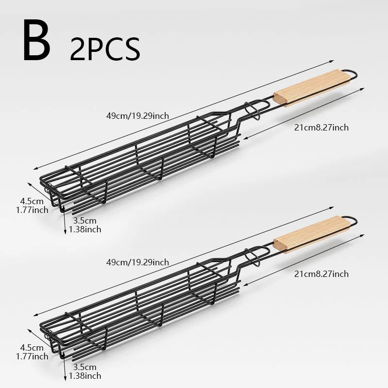 BBQ Grilling Basket – Non-Stick Steel, Rosewood Handle, Latch Closure, Portable Kebab Grill Mesh