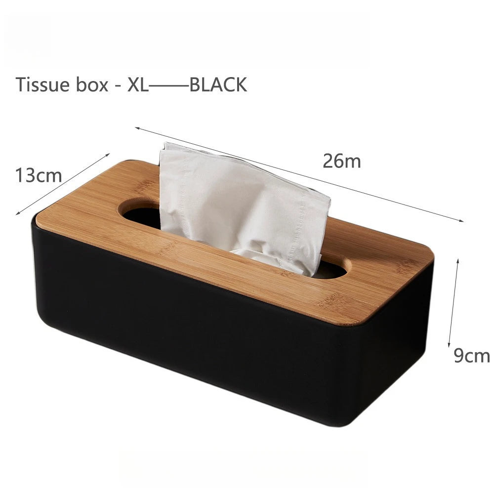 Bamboo Lid Plastic Tissue Box Organizer Rectangular Paper Towel Holder for Living Room Bathroom Kitchen Storage Peaceful Pleasures Health and Wellness Black