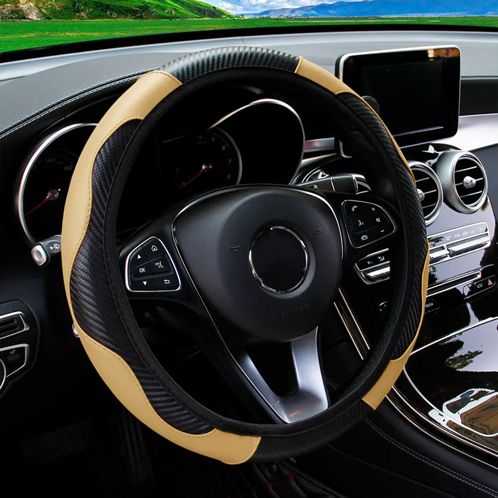 PU Leather Carbon Fiber Steering Wheel Cover 14.5–15 Inch