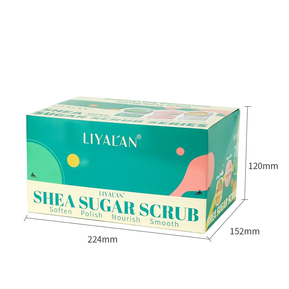 Shea Sugar Body Scrub Set – 12pcs Fruity Exfoliating Bath Scrub Peaceful Pleasures Health and Wellness 12pcs-box 200g-12pcs 3 Fruit lavors|China Mainland