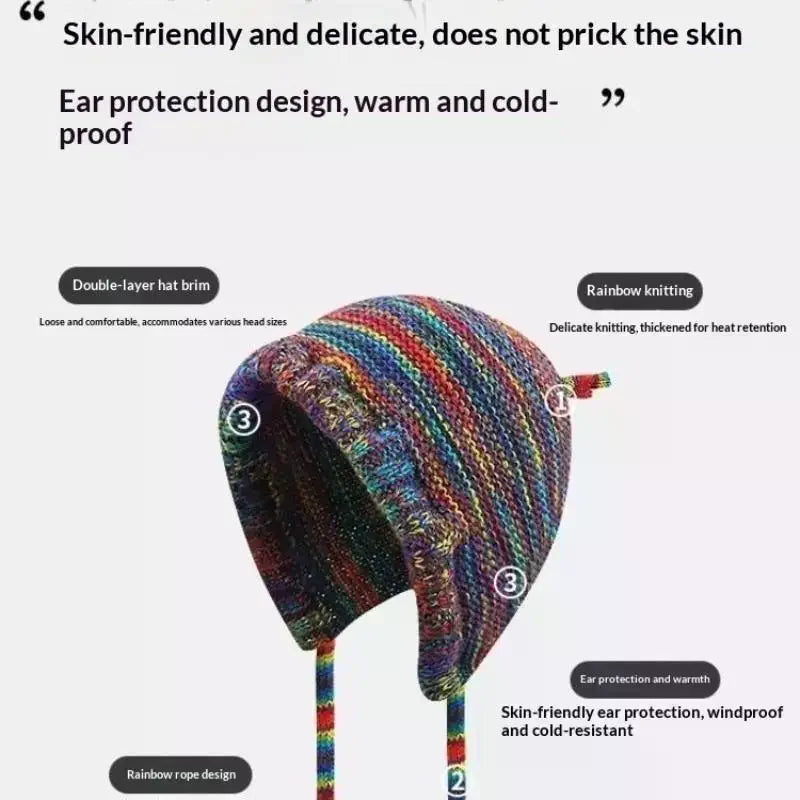 Rainbow Knit Beanie Hat – Women's Winter Warm Crochet Cap