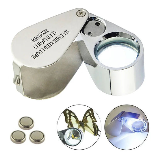 30X Jewelry Magnifying Glass All-Metal with 2 Led Lights Pocket Illuminated Loupe Triplet Glass Diamond for Jade Appreciation Peaceful Pleasures Health and Wellness 30x