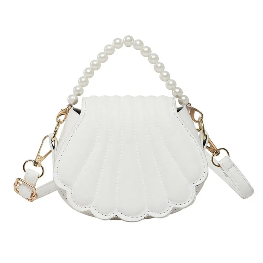 Fashion Shell Shape Crossbody Bag French style Elegant Pearl Chain Handbag PU Leather Shoulder Bag Minimalist Women Hobo Bag Peaceful Pleasures Health and Wellness White