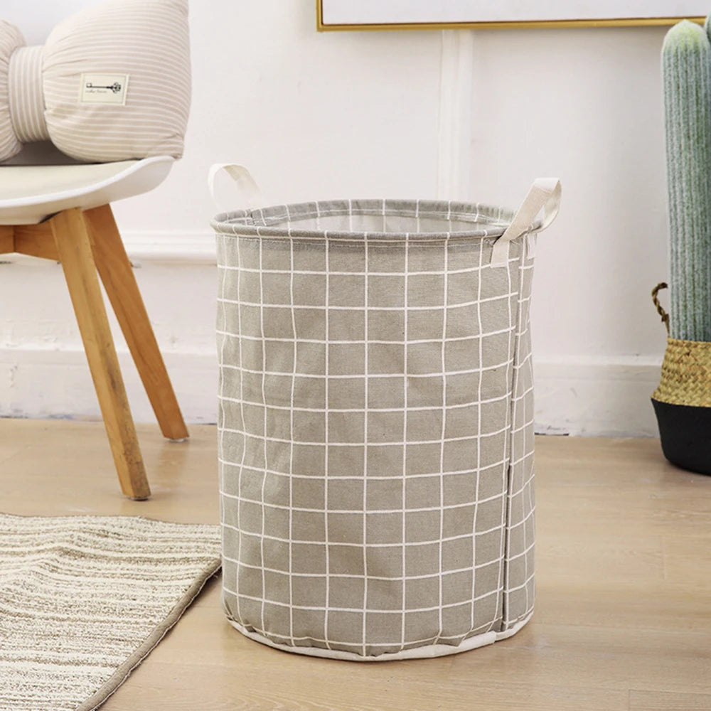 Large Foldable Waterproof Dirty Clothes Basket Household Toy Storage Bucket Plaid Fabric Cotton Linen Household Organizer Peaceful Pleasures Health and Wellness L 1