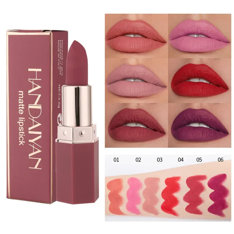 Handaiyan 6-Color Matte Waterproof Velvet Lipstick – Long-Lasting