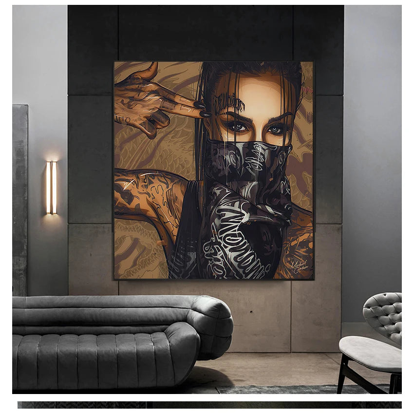 Oil Painting Posters and Prints on Canvas Wall Art Picture for Living Room Cuadros Home Decor Wearing Mask Tattoo Girl Portrait Peaceful Pleasures Health and Wellness