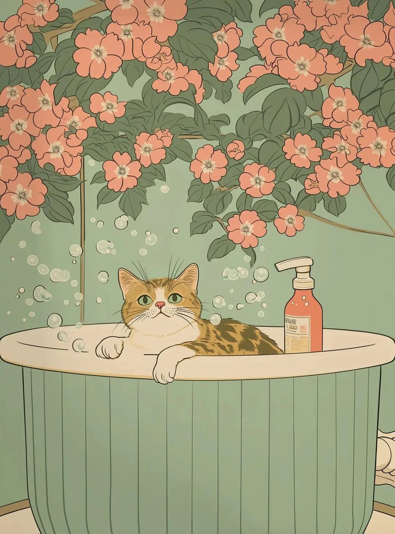 Japanese Cherry Blossom Cat Hot Spring Canvas Wall Art Print Canvas Wall Art Print Peaceful Pleasures Health and Wellness 2 50x70cm Unframed