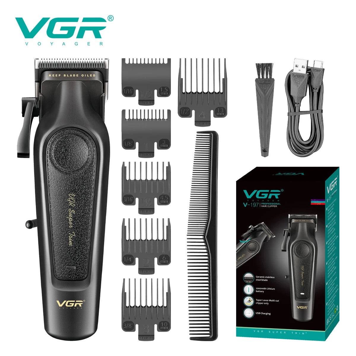 VGR Electric Hair Clipper 2-piece Set Men's Oil Head Carving Electric Push Leather Metal Body Powerful Power Machine V-197&995 Peaceful Pleasures Health and Wellness USB 2