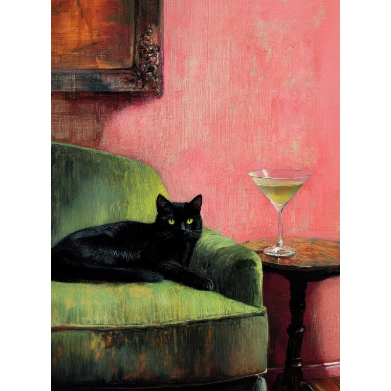 Trendy Cute Quirky Calico Cat with Martini Champagne Cocktail on The Sofa Poster Canvas Painting Wall Art Pictures Home Decor Peaceful Pleasures Health and Wellness 2 40x60cm