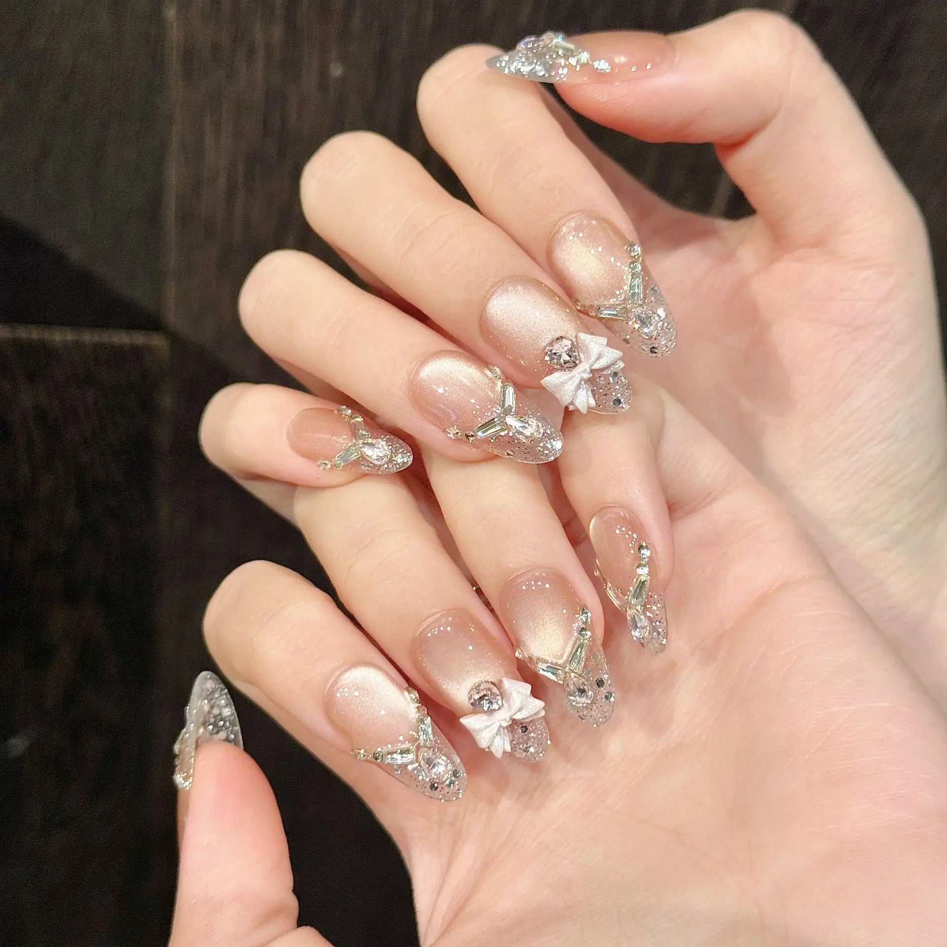 10pcs Handmade Shiny Diamond Press on Nails Glitter Pink Bow Decor Fake Nails Wedding Lady Wearable Ins French False Nail Tips Peaceful Pleasures Health and Wellness