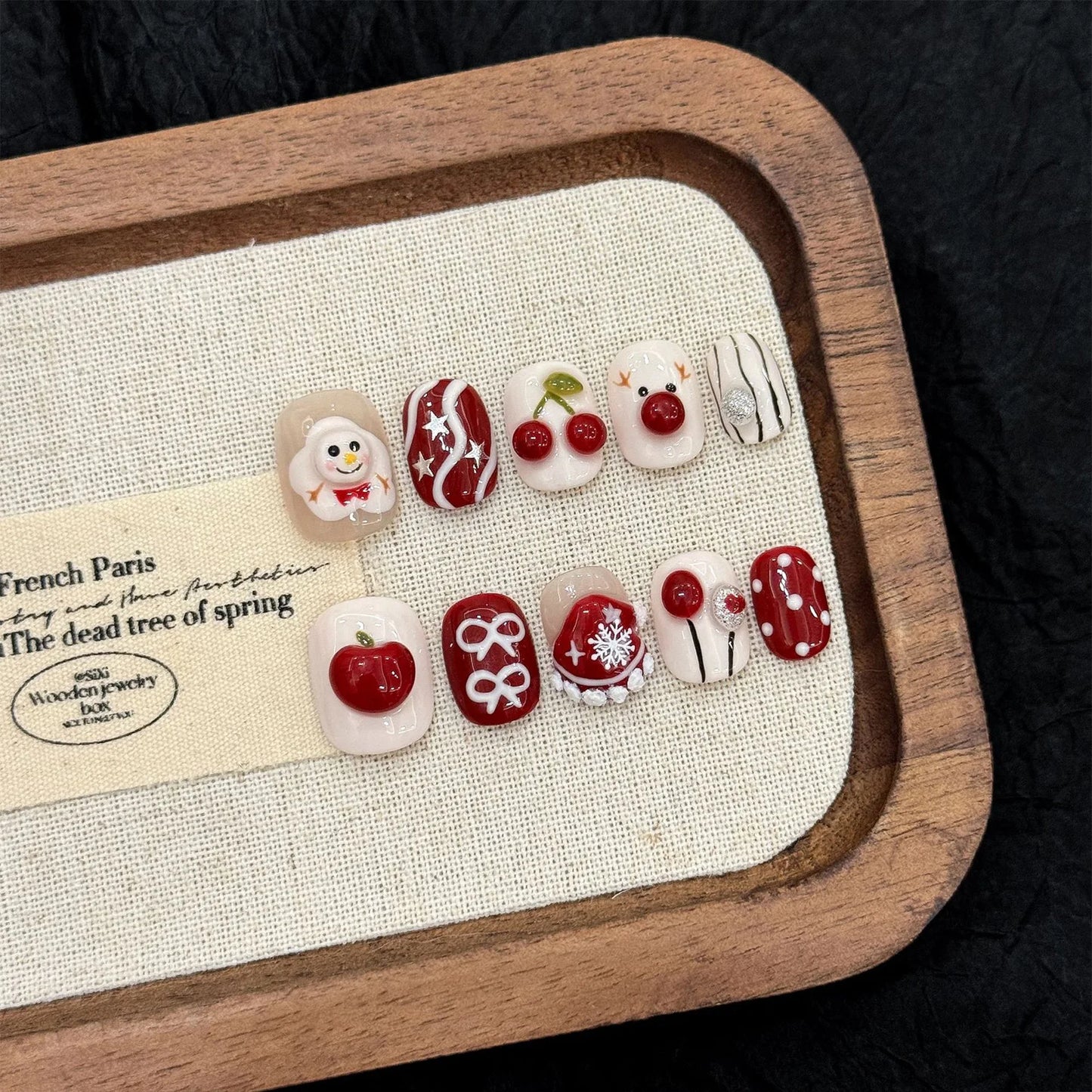 10PCS Handmade Press on Nails Cute 3D Hand-painted Christmas Fake Nails French Tip Wearable Stars Glitter Red False Nails Short Peaceful Pleasures Health and Wellness M
