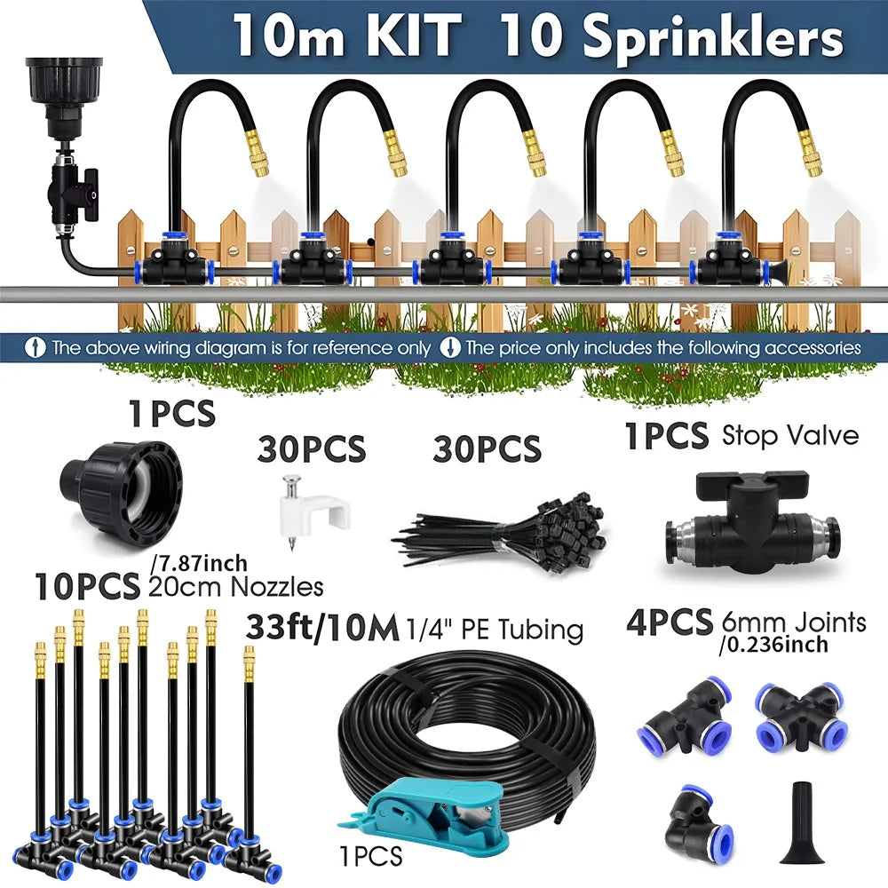 30-5m 1/4" 4/6mm Misting Cooling System 360° Free-bend Adjustable Nozzle Atomizer Sprayer for Outdoor Garden Irrigation Watering Peaceful Pleasures Health and Wellness 10m Kit