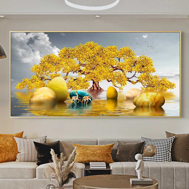 Chinese Feng Shui Golden Rich Tree Canvas Painting Wall Art Deer Landscape Lucky Stone Posters Wall Art for Living Room Decor Peaceful Pleasures Health and Wellness