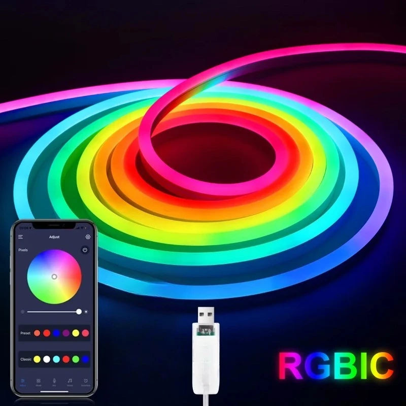 RGBIC Neon LED Strip Light Bluetooth App Control USB Waterproof