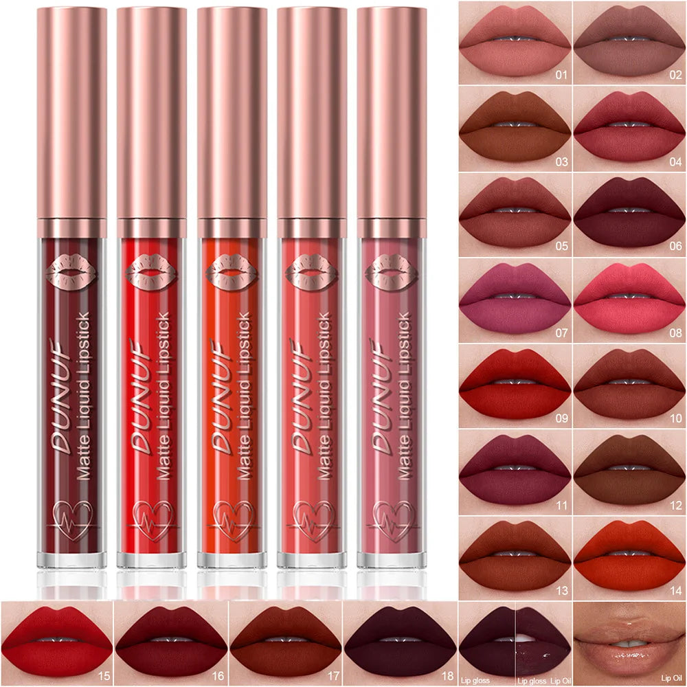 DUNUF 18-Color Matte Velvet Lipstick & Moisturizing Lip Gloss