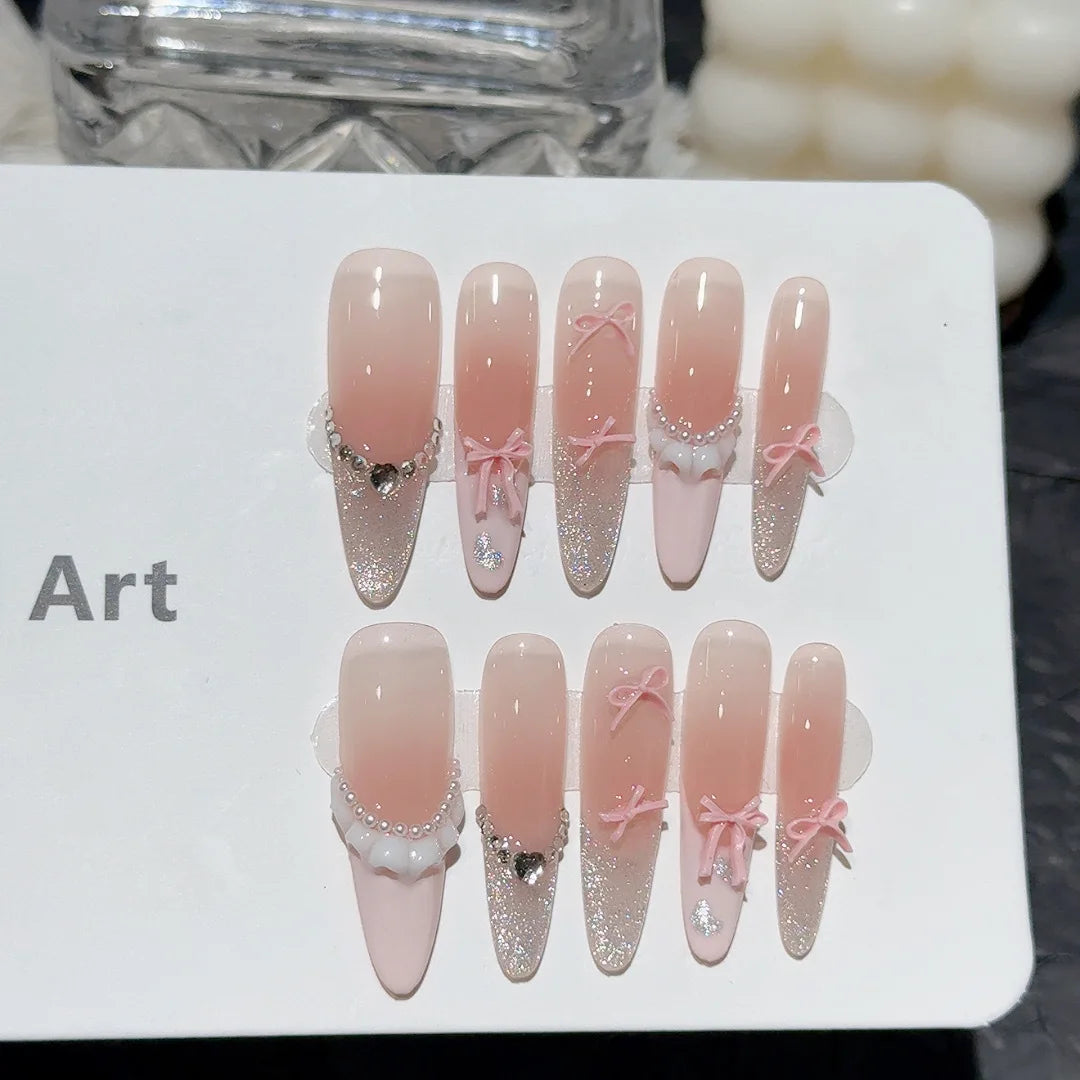 10pcs French Press-On Nails – Pink Bow & Pearl Design