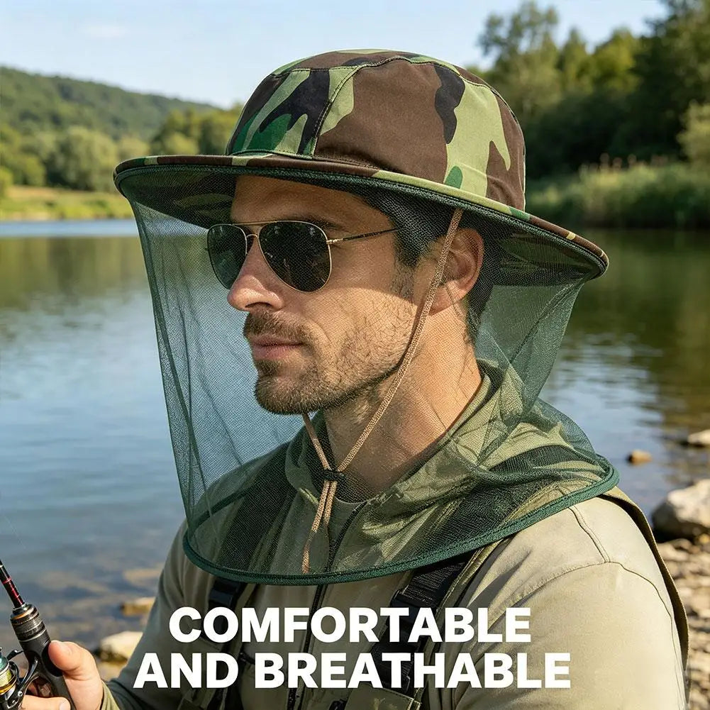 Camouflage Mosquito Head Net Hat – Bug & UV Protection