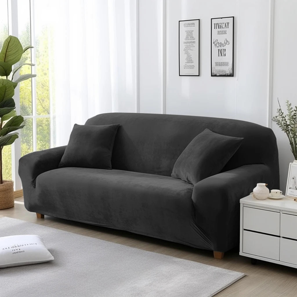 Thick Velvet Sofa Covers 1 2 3 4 Seater Stretch Non-Slip Couch Cover Furniture Protector Plush Sofa Slipcovers with 1 Pillowcase Peaceful Pleasures Health and Wellness Black 1seat (90-140cm)