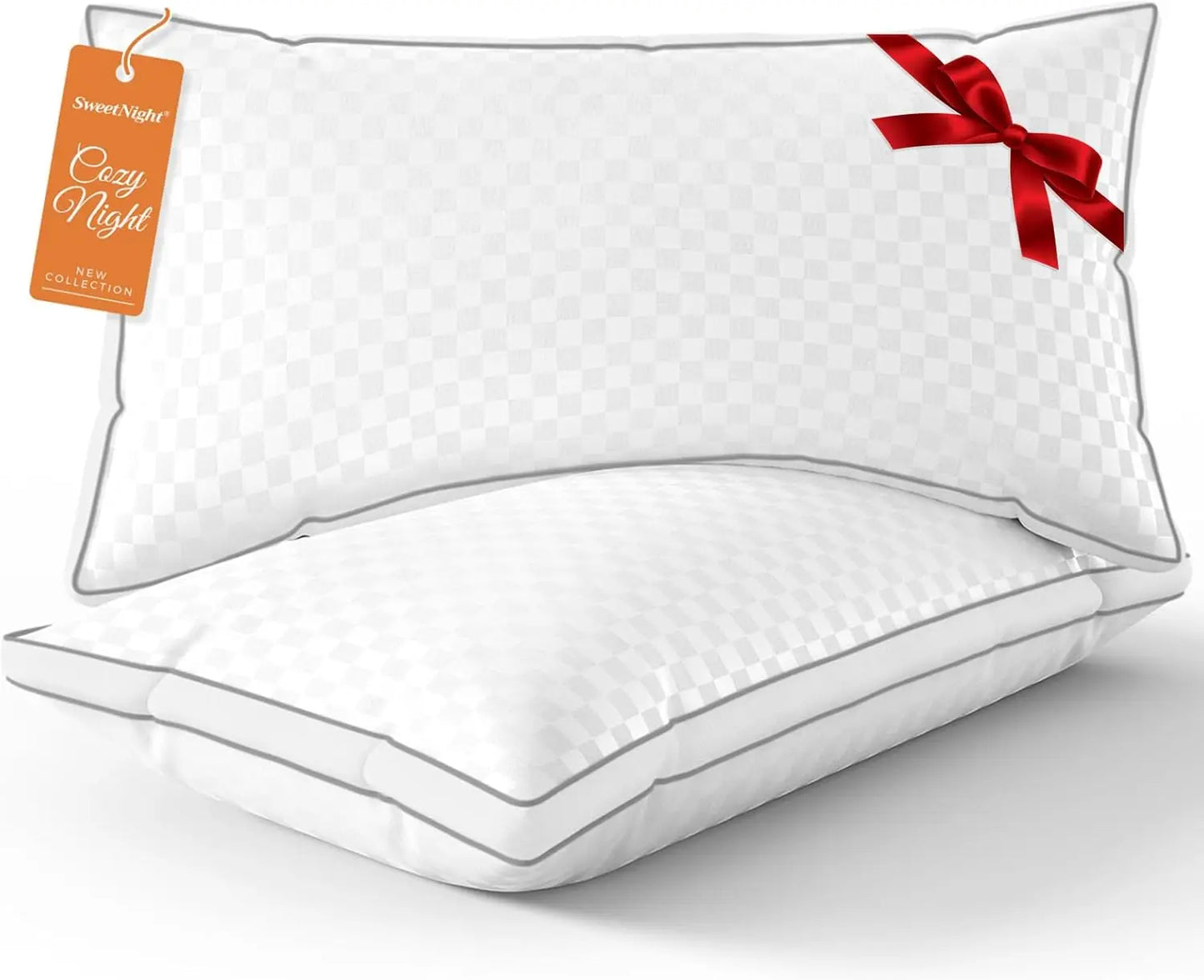 White pillow with a red ribbon and SweetNight tag on a white background