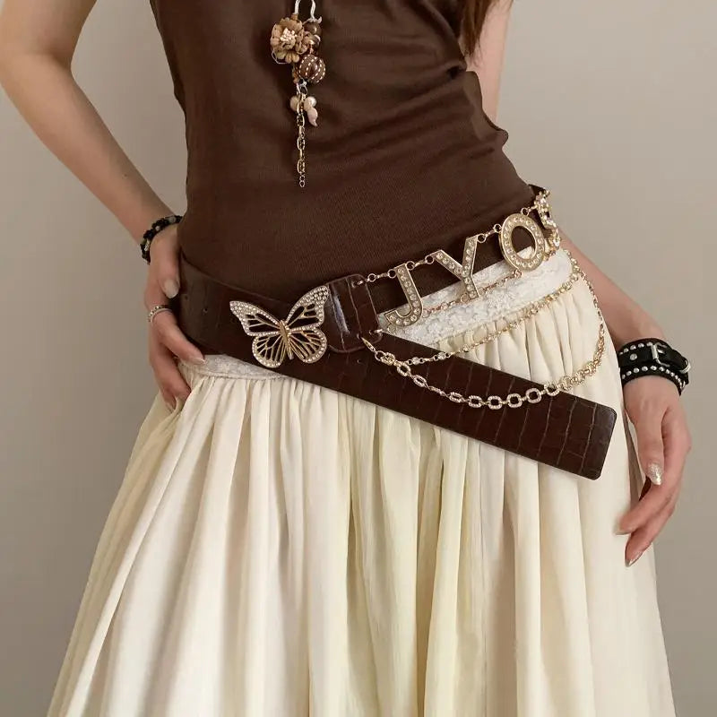 Rhinestone Y2K Letter Belt – PU Butterfly Chain Women's Belt