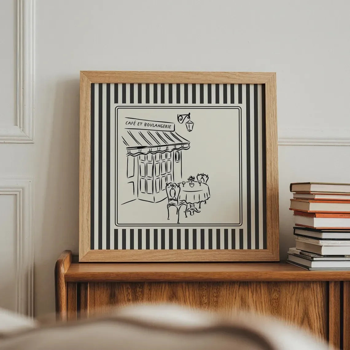 Black and White Striped French Cafe Print, Minimalist Illustration, Digital Downloads, Art Print, Gift Idea, Aesthetic Peaceful Pleasures Health and Wellness
