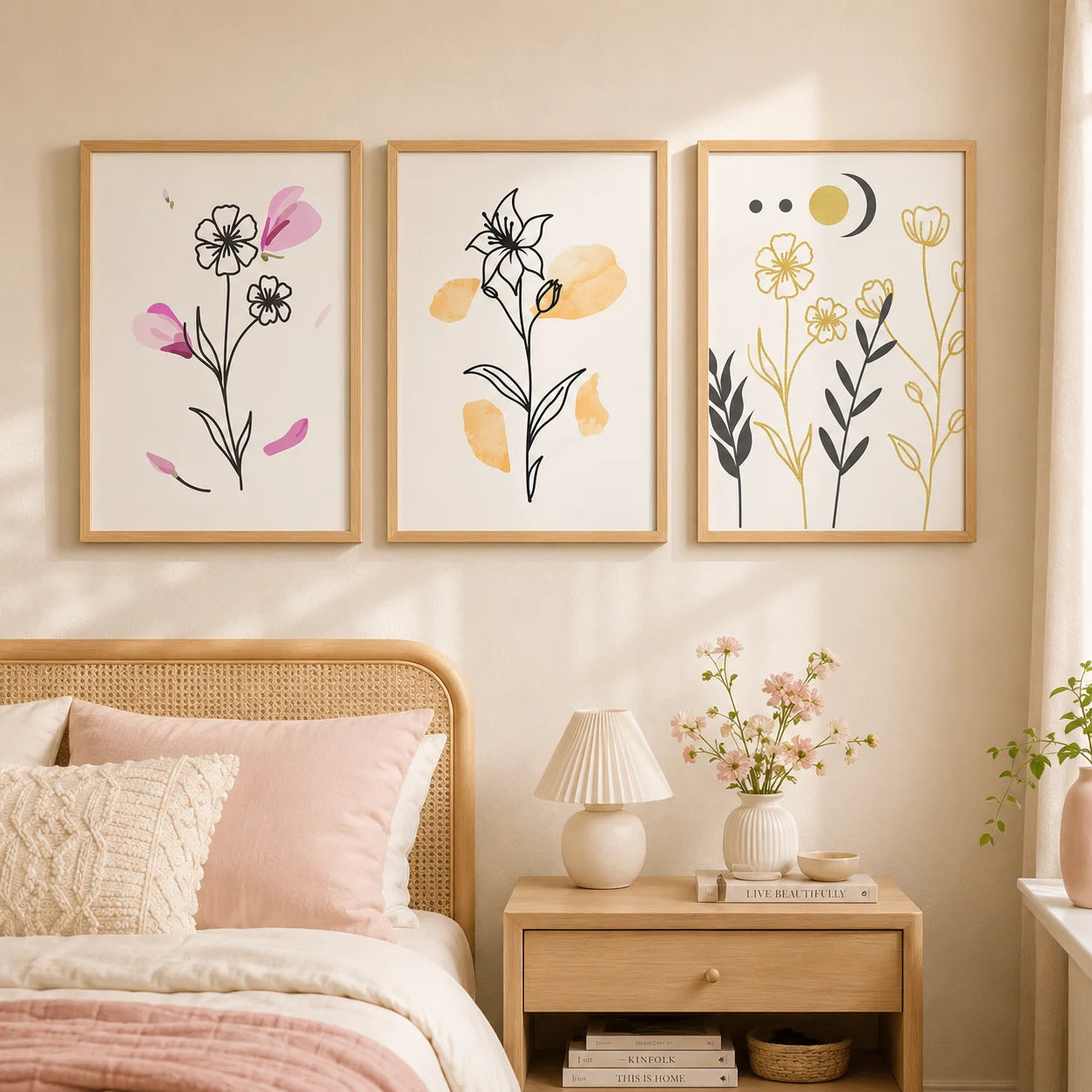 Botanical Floral Wall Art, Minimalist Flower Art Canvas Painting, Nordic Poster Prints for Living Room Bedroom Decor Peaceful Pleasures Health and Wellness