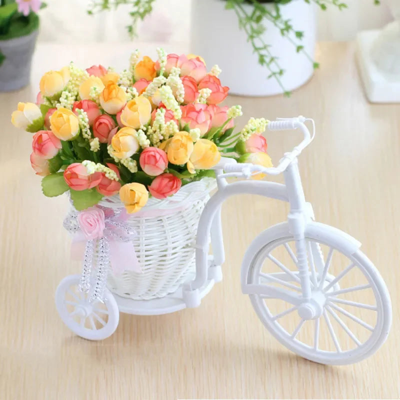 Silk Rose Artificial Flowers Bicycle Vase Desktop Bonsai Decor