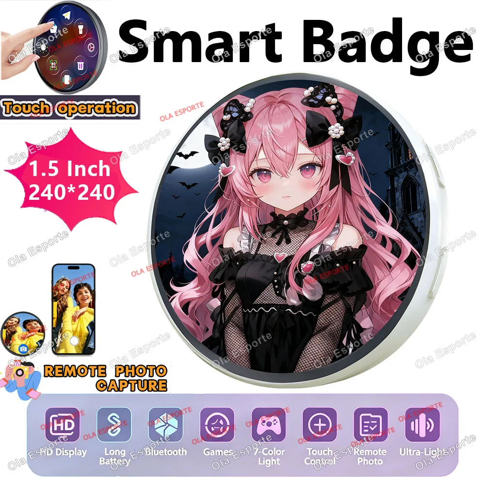 Electronic Badge HD Display Screen Bluetooth GIF Video Playback Touch Screen LED Audible Video Play Dynamic Smart Badge Fans New Peaceful Pleasures Health and Wellness 1.5Inch C 1 piece
