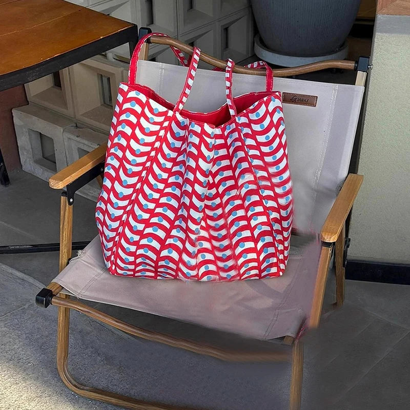 Simple Casual Tote Bag Daily New Large Capacity Double Sided Wave Pattern Canvas Shoulder Bag Commute Lazy Style High Capacity Peaceful Pleasures Health and Wellness Red