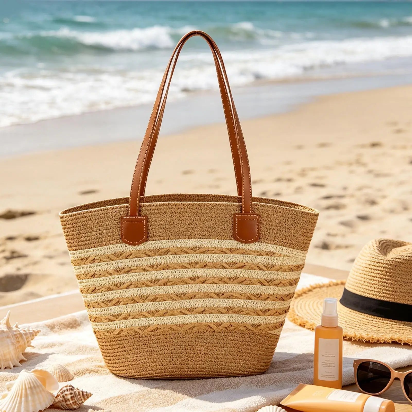 Large Boho Straw Tote Bag Smooth Zipper Shoulder Handbag For Travel Vacation Beach Shopping Office, Summer Bag for Women Peaceful Pleasures Health and Wellness