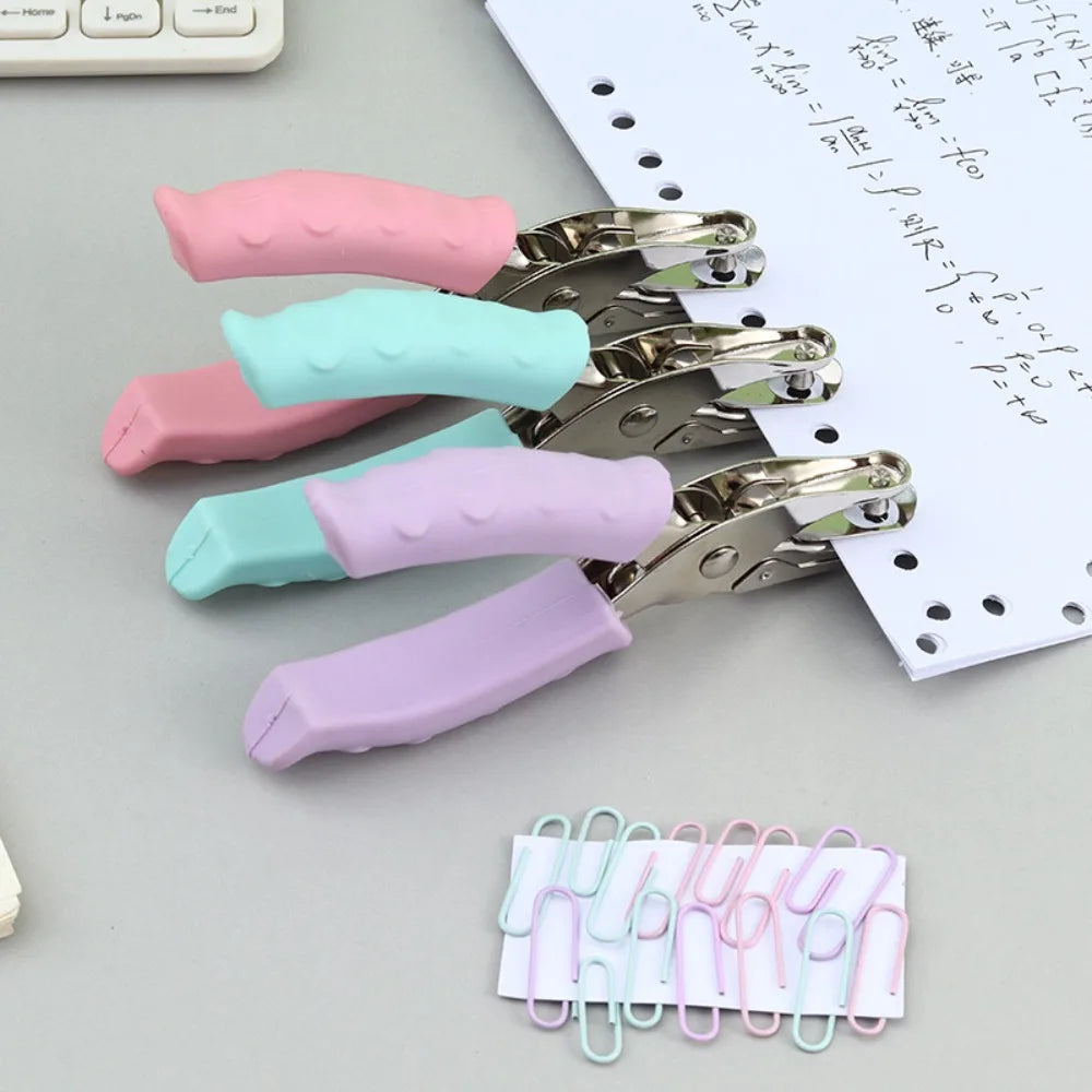 Single Hole Mini Paper Punch Macaron Color Non-slip Handle DIY Paper Puncher Fashion Rubber Handle Single Hole Punch Stationery Peaceful Pleasures Health and Wellness