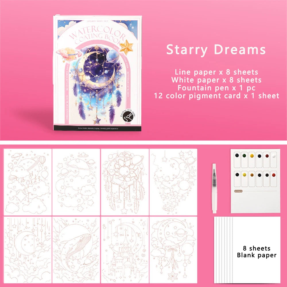 Travel Watercolor Painting Tri-fold Book Built-in 12 Colors Stress